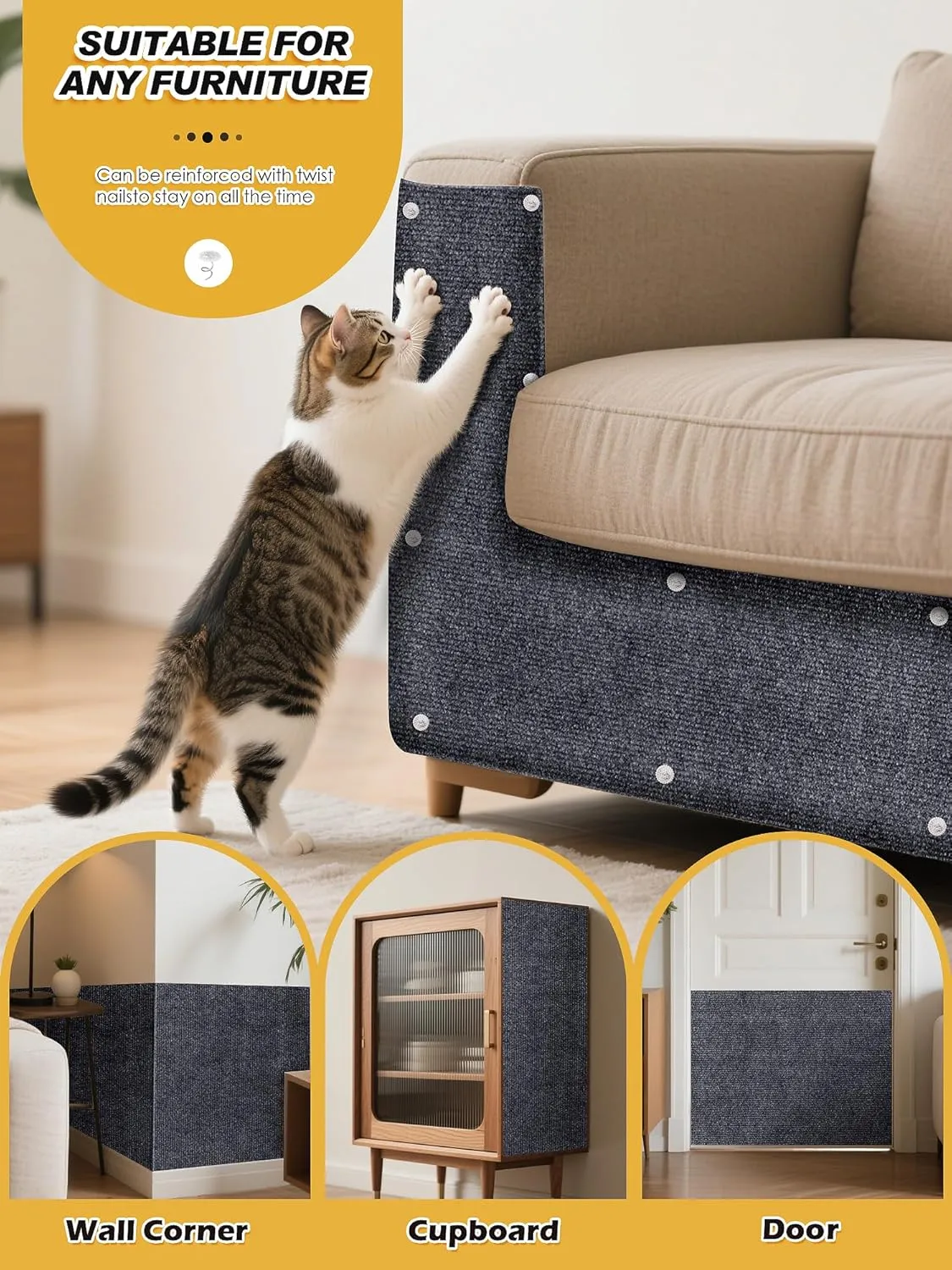 2PCS 39.4"x15.8" Cat Scratch Mat, Trimmable Self-Adhesive Carpet, DIY Climb Cat Scratcher for Furniture Couch or Wall Protector, Covering Cat Scratching Post Replacement Pads (Dark Gray)