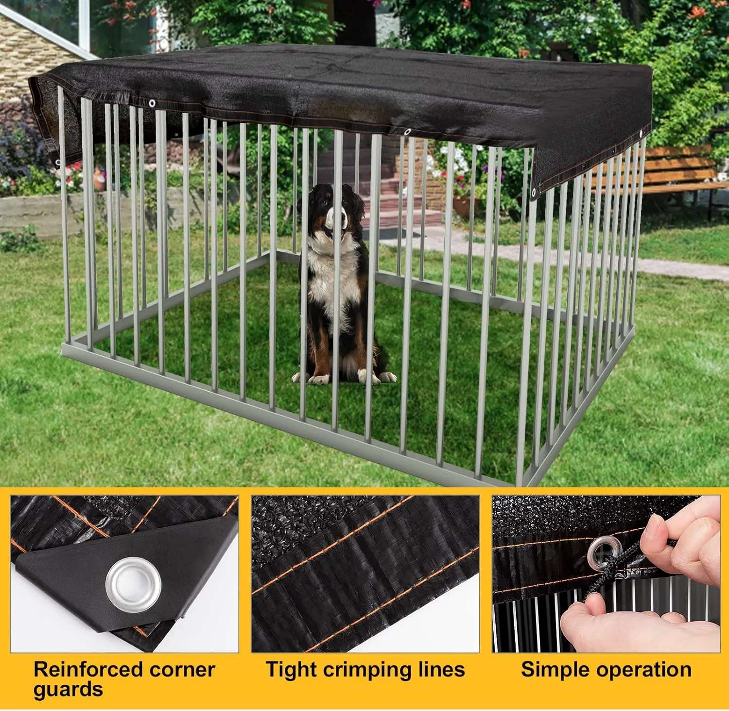 95% High Density Dog Kennel Shade Cover- 10 x 10ft Upgrade Mesh Shade Panel with Grommets- Dog Cage Sunblock Shading Cloth Net Mesh Tarp with Rope for Outdoor Dog House Large Pet Crate Chicken Coop