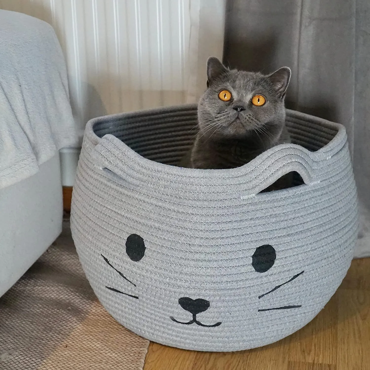 ALBY® Design Cat Toy Basket, Baby Woven Laundry Bag, Round Cat Cute Cotton Rope Basket For Pet, Kids, Blankets, Towels & Storage, Gift Basket Empty- Large 17"D By 12"H - GREY