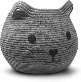 ALBY® Design Cat Toy Basket, Baby Woven Laundry Bag, Round Cat Cute Cotton Rope Basket For Pet, Kids, Blankets, Towels & Storage, Gift Basket Empty- Large 17"D By 12"H - GREY