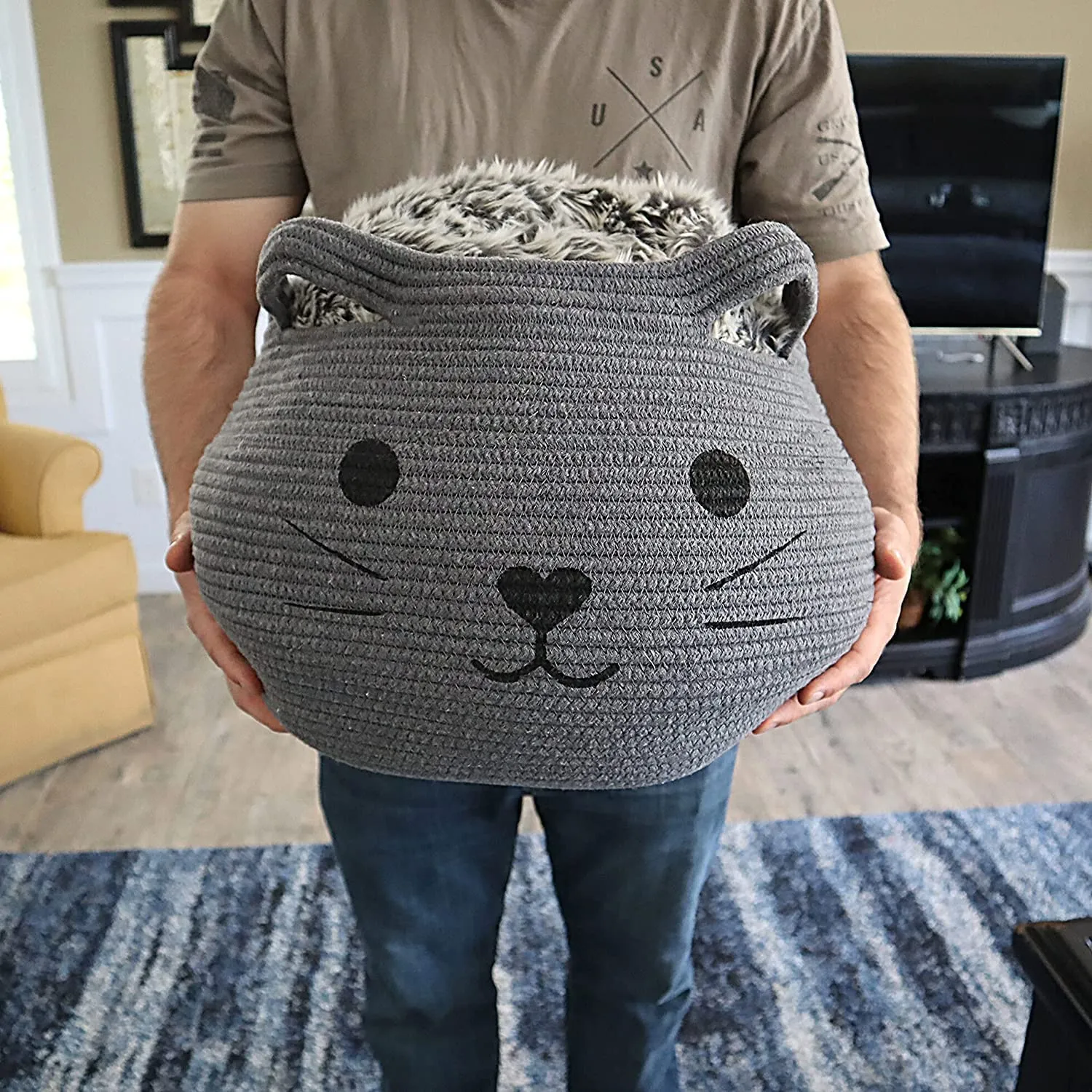 ALBY® Design Cat Toy Basket, Baby Woven Laundry Bag, Round Cat Cute Cotton Rope Basket For Pet, Kids, Blankets, Towels & Storage, Gift Basket Empty- Large 17"D By 12"H - GREY
