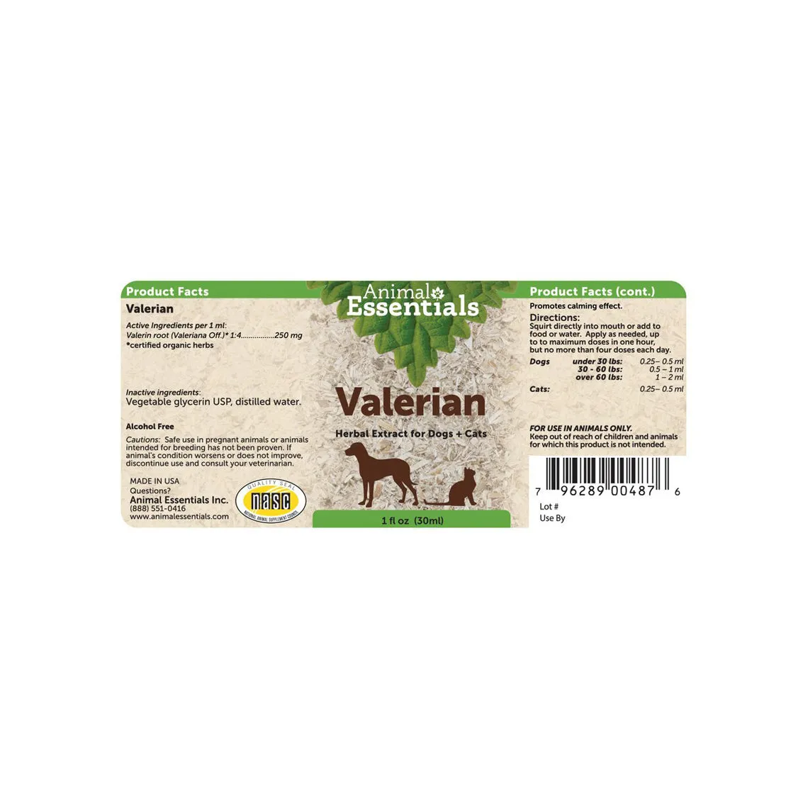 Animal Essentials Valerian Calming Herbal Extract Liquid for Dogs & Cats
