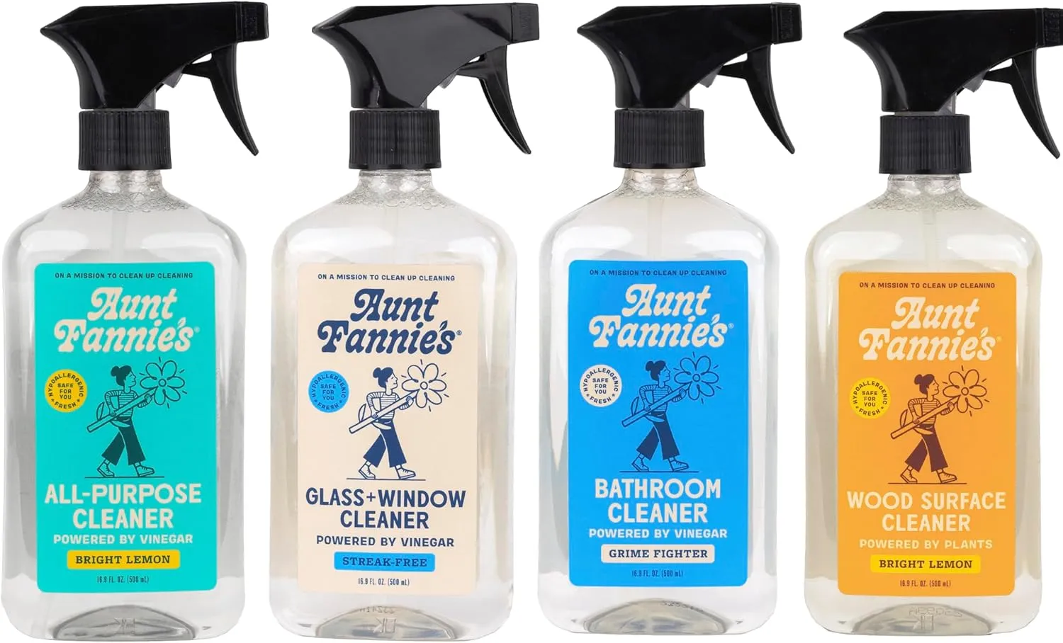 Aunt Fannie's Cleaning Spray Variety Pack, Lemon All Purpose Vinegar, Glass & Window, Bathroom, and Wood Surface Cleaner, 16.9 oz each, Pack of 4