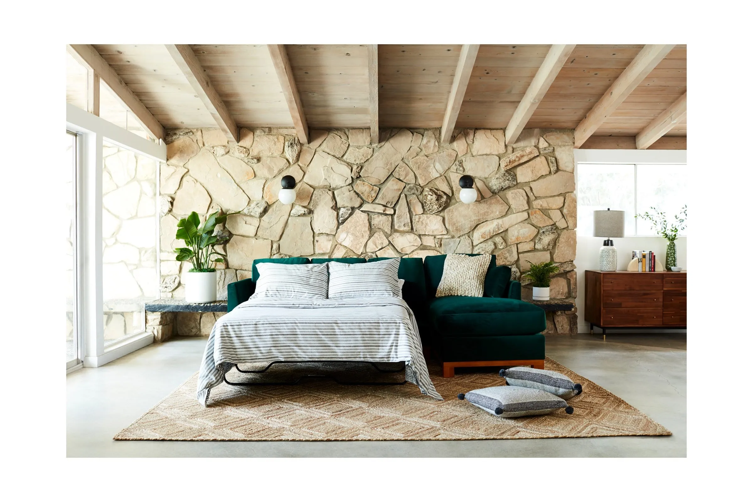 Avalon 2pc Sleeper Sectional :: Leg Finish: Pecan / Sleeper Option: Deluxe Innerspring Mattress / Configuration: RAF - Chaise on the Right