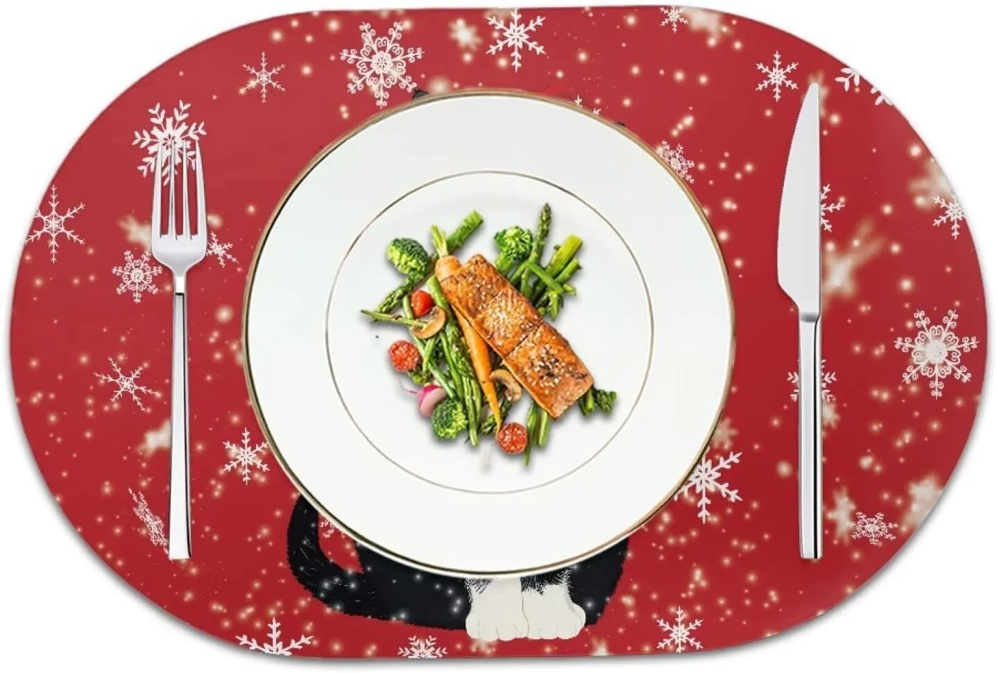 Black Cat Placemats Set Snowflake Place Mats Dining Table Washable Placemats Waterproof Scratch Resistant Placemats Easy to Clean House Holiday Themes Party Decor