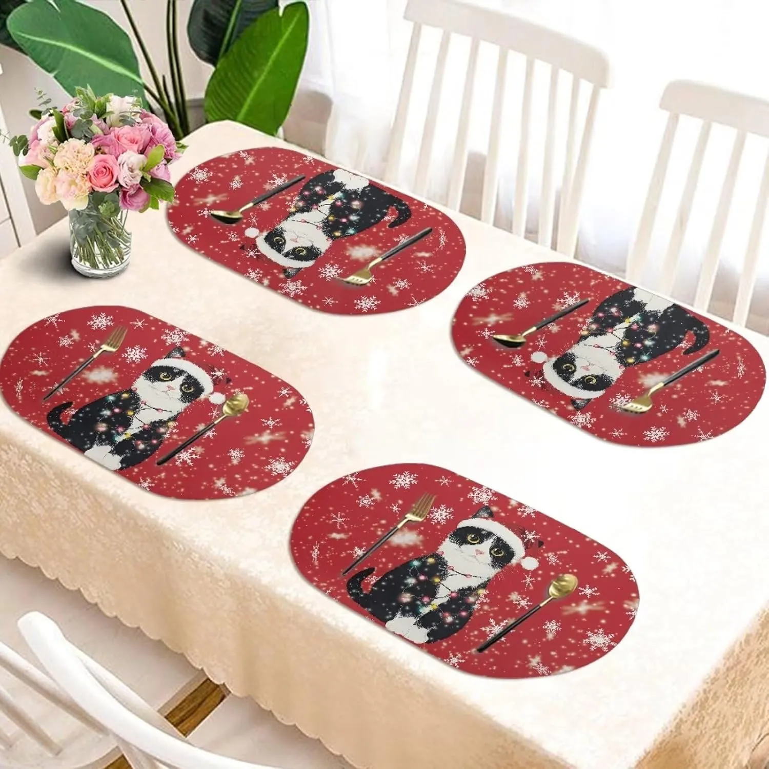 Black Cat Placemats Set Snowflake Place Mats Dining Table Washable Placemats Waterproof Scratch Resistant Placemats Easy to Clean House Holiday Themes Party Decor