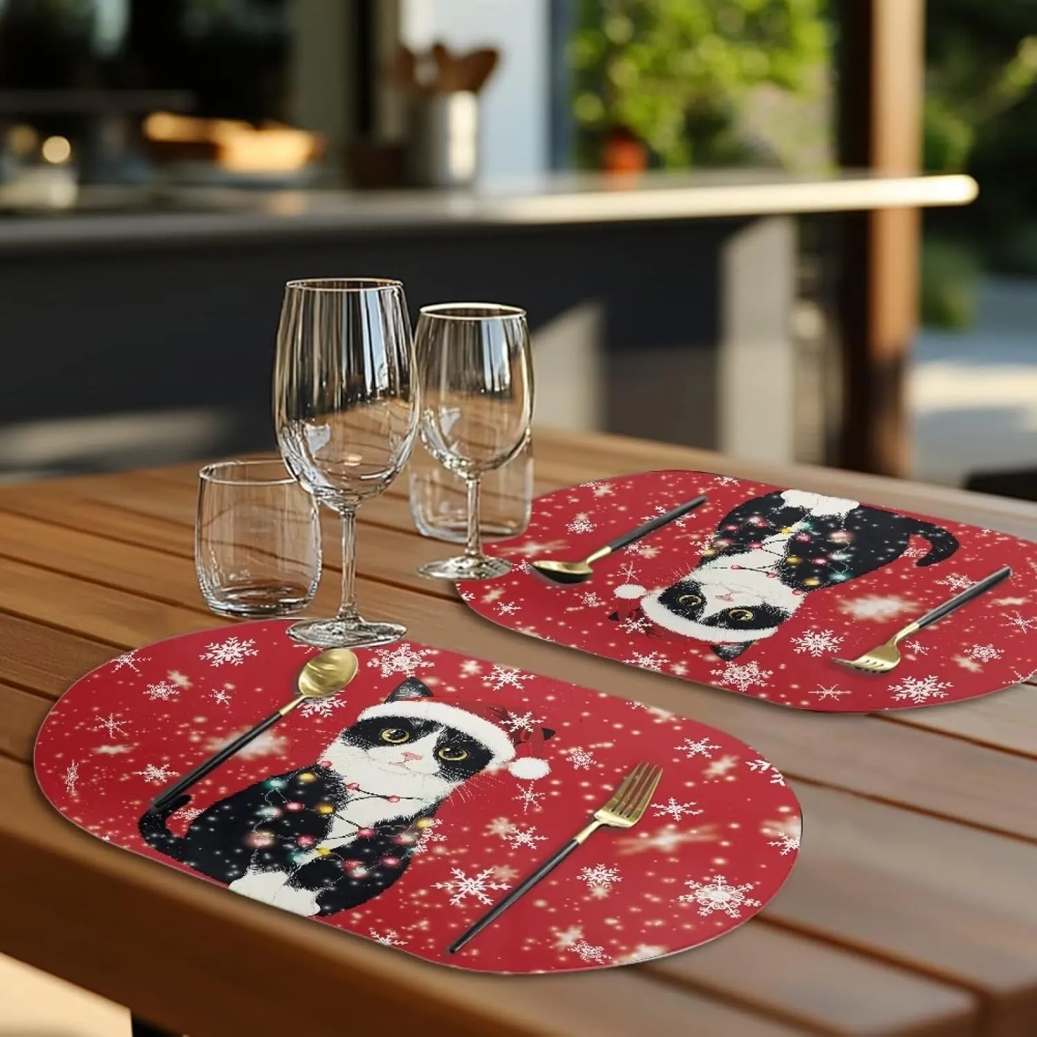 Black Cat Placemats Set Snowflake Place Mats Dining Table Washable Placemats Waterproof Scratch Resistant Placemats Easy to Clean House Holiday Themes Party Decor