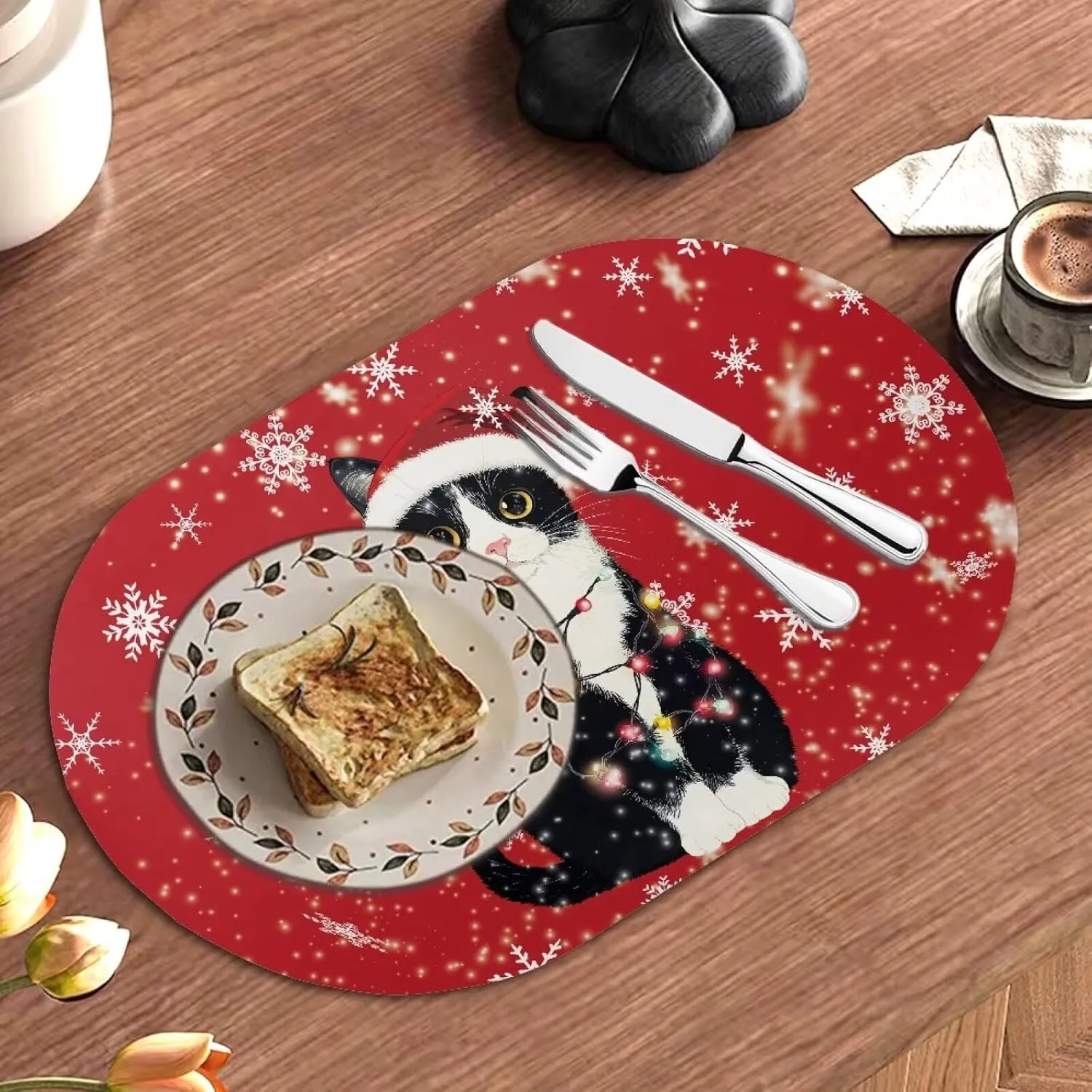 Black Cat Placemats Set Snowflake Place Mats Dining Table Washable Placemats Waterproof Scratch Resistant Placemats Easy to Clean House Holiday Themes Party Decor
