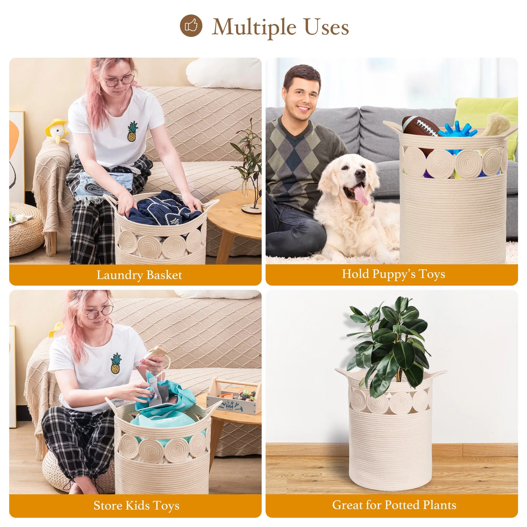 Bohemian Style Cotton Rope Storage Basket For Bedroom, Bathroom And Children'S Room (Beige)