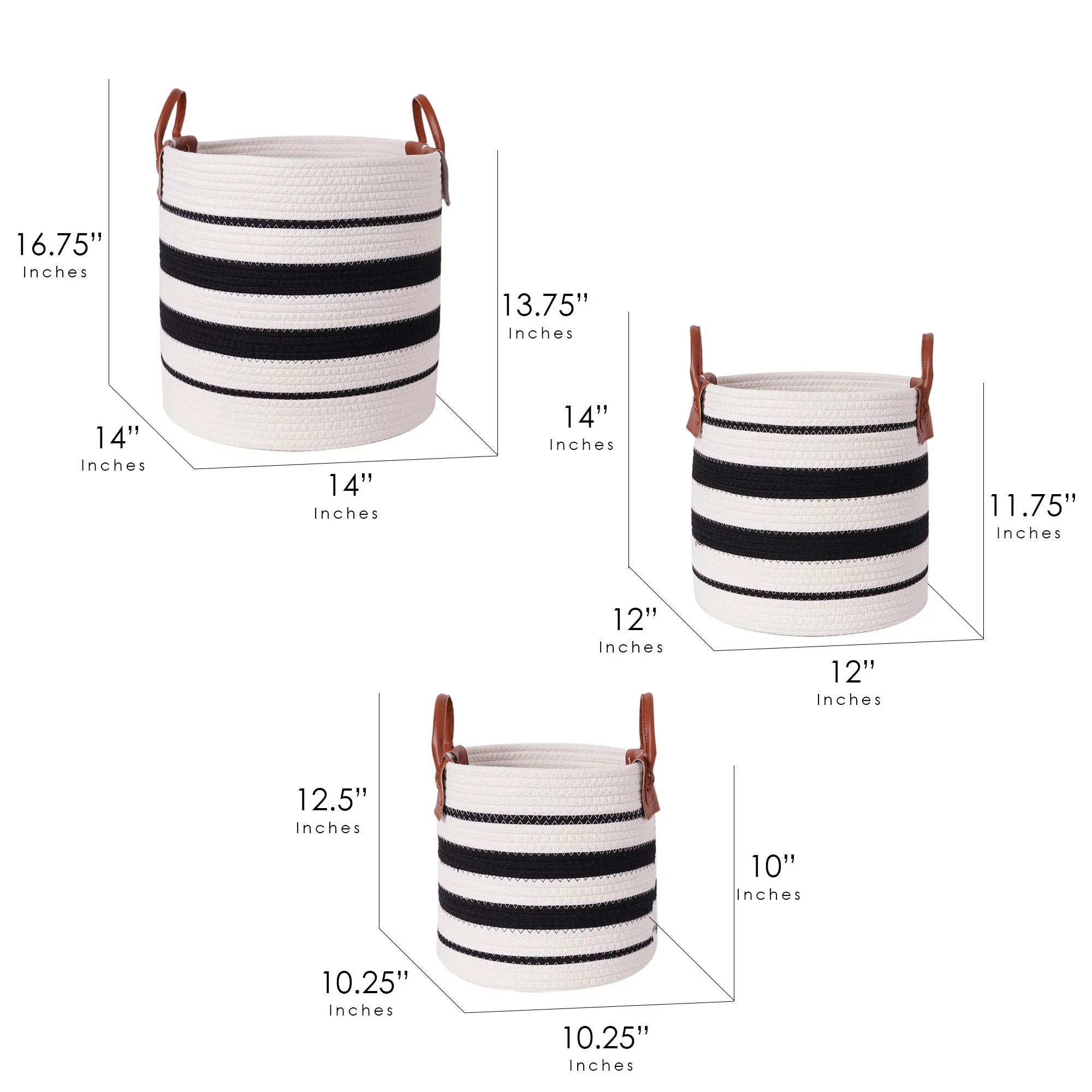 Boho Black and White Striped Woven Cotton Rope Basket Set of 3