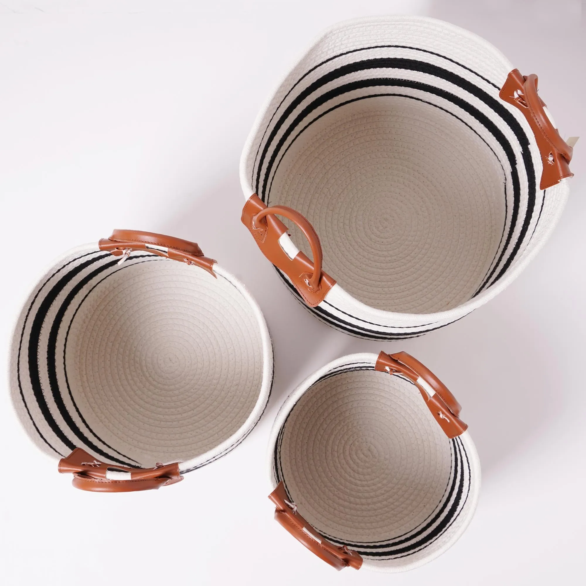 Boho Black and White Striped Woven Cotton Rope Basket Set of 3