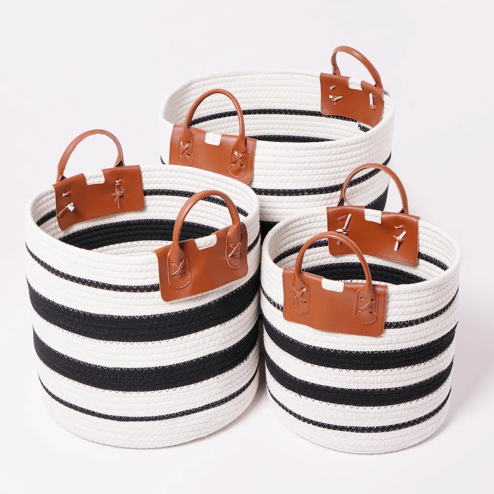 Boho Black and White Striped Woven Cotton Rope Basket Set of 3