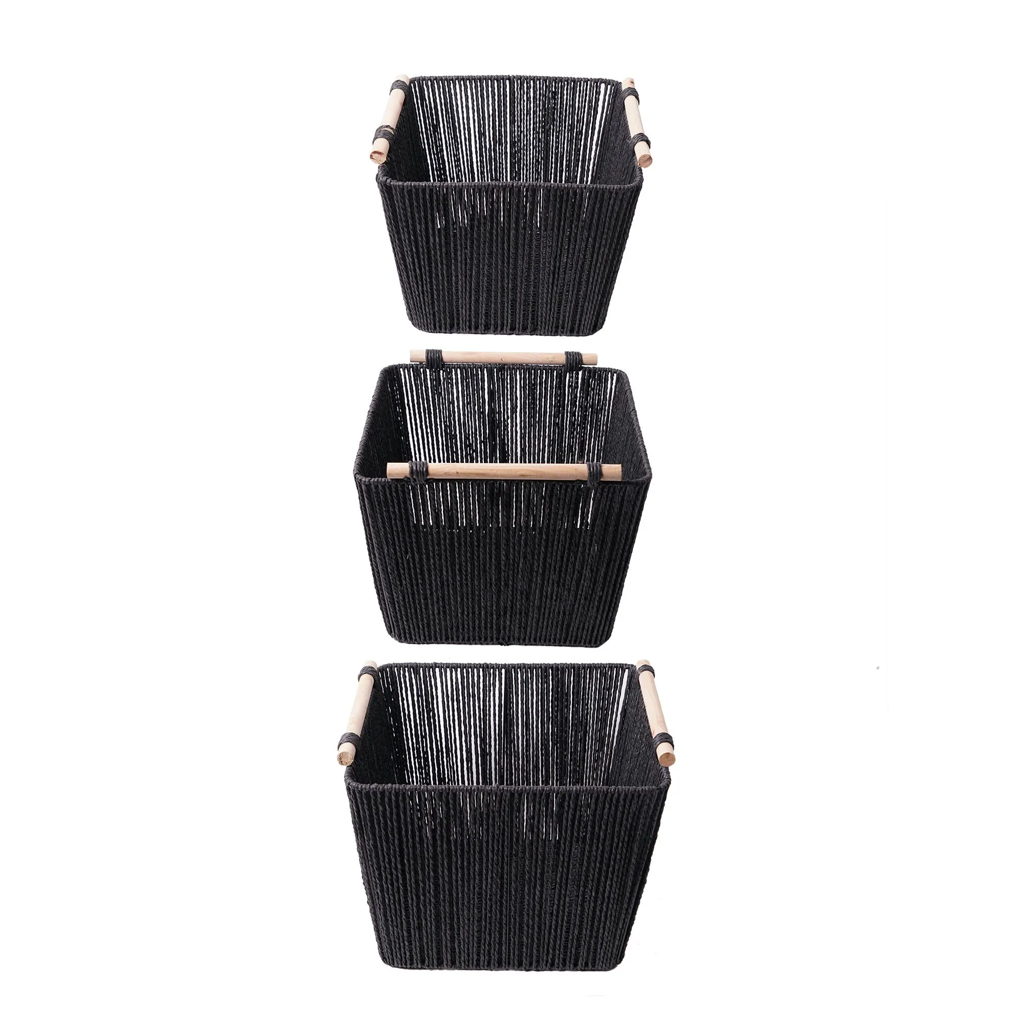 Boho Black Paper and Natural Rope Woven Storage Basket with Handles Set of 3