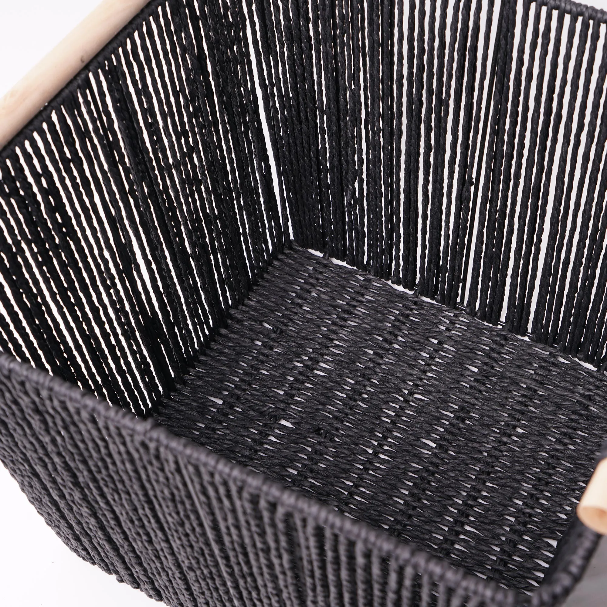 Boho Black Paper and Natural Rope Woven Storage Basket with Handles Set of 3