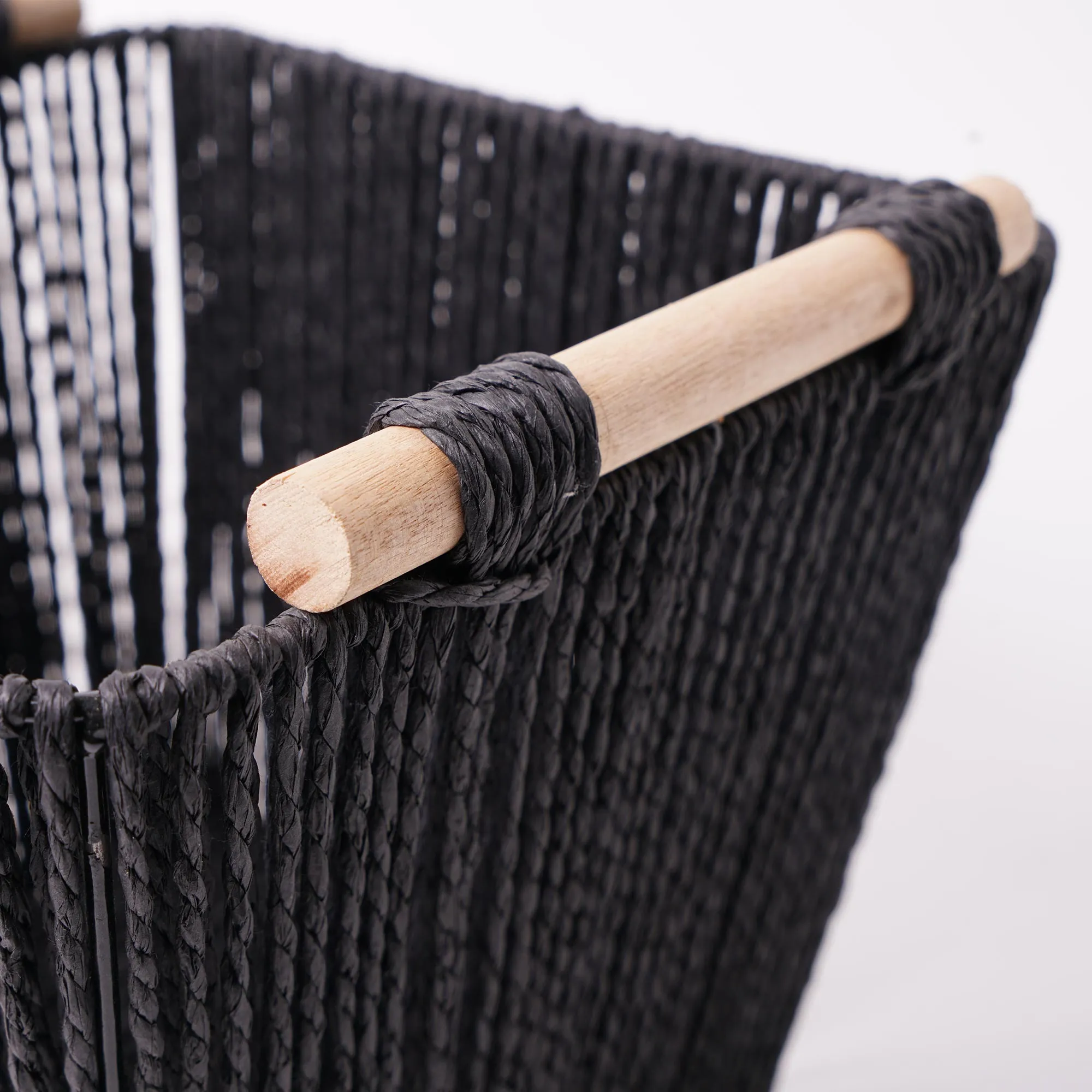 Boho Black Paper and Natural Rope Woven Storage Basket with Handles Set of 3