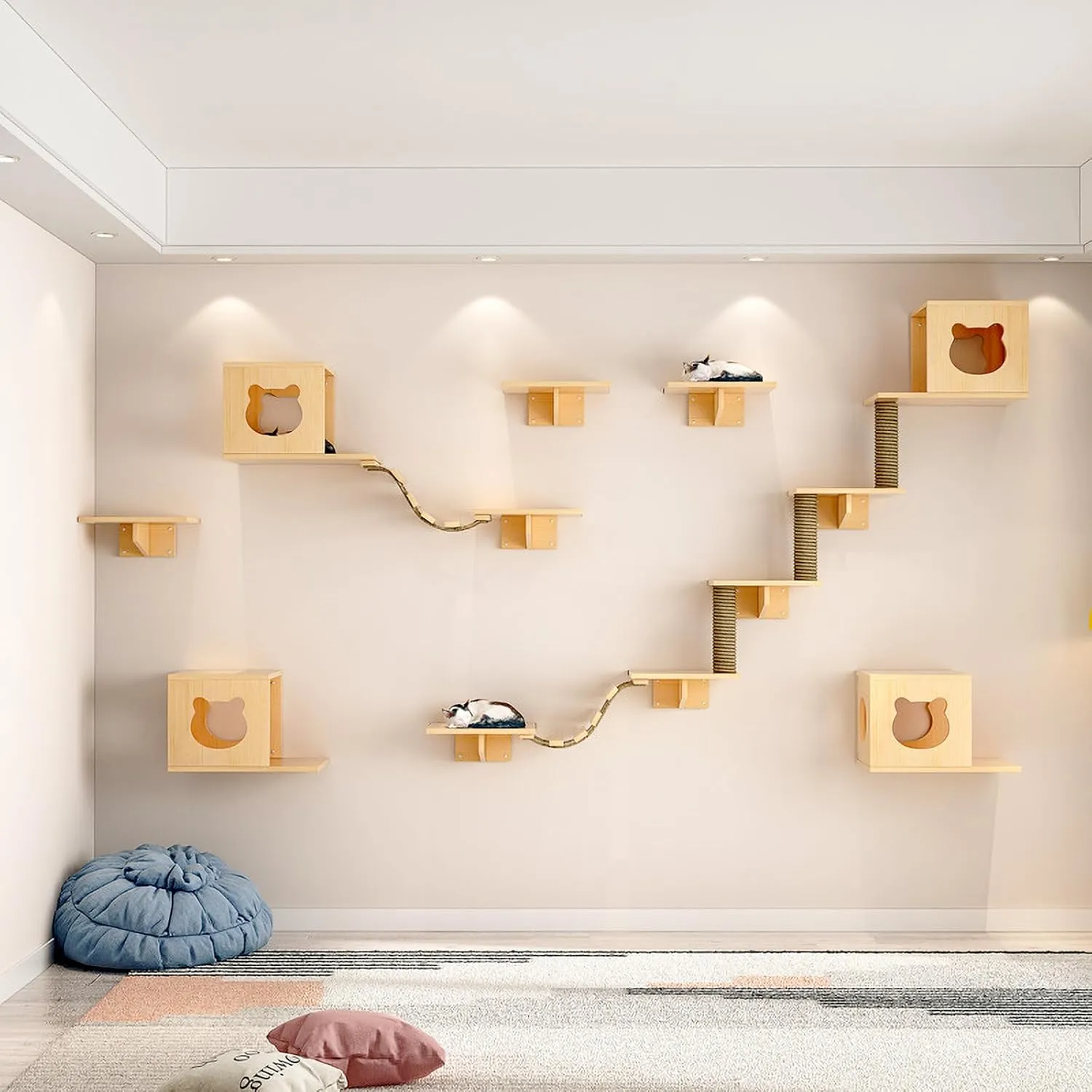 CanormpetCat Wall Shelves and Perches, Solid Wood Wall Mounted Cat Furniture with 4 Cat Condos House, 8 Shelves, 2Ladder, 3 Sisal Cat Scratching Post (C)