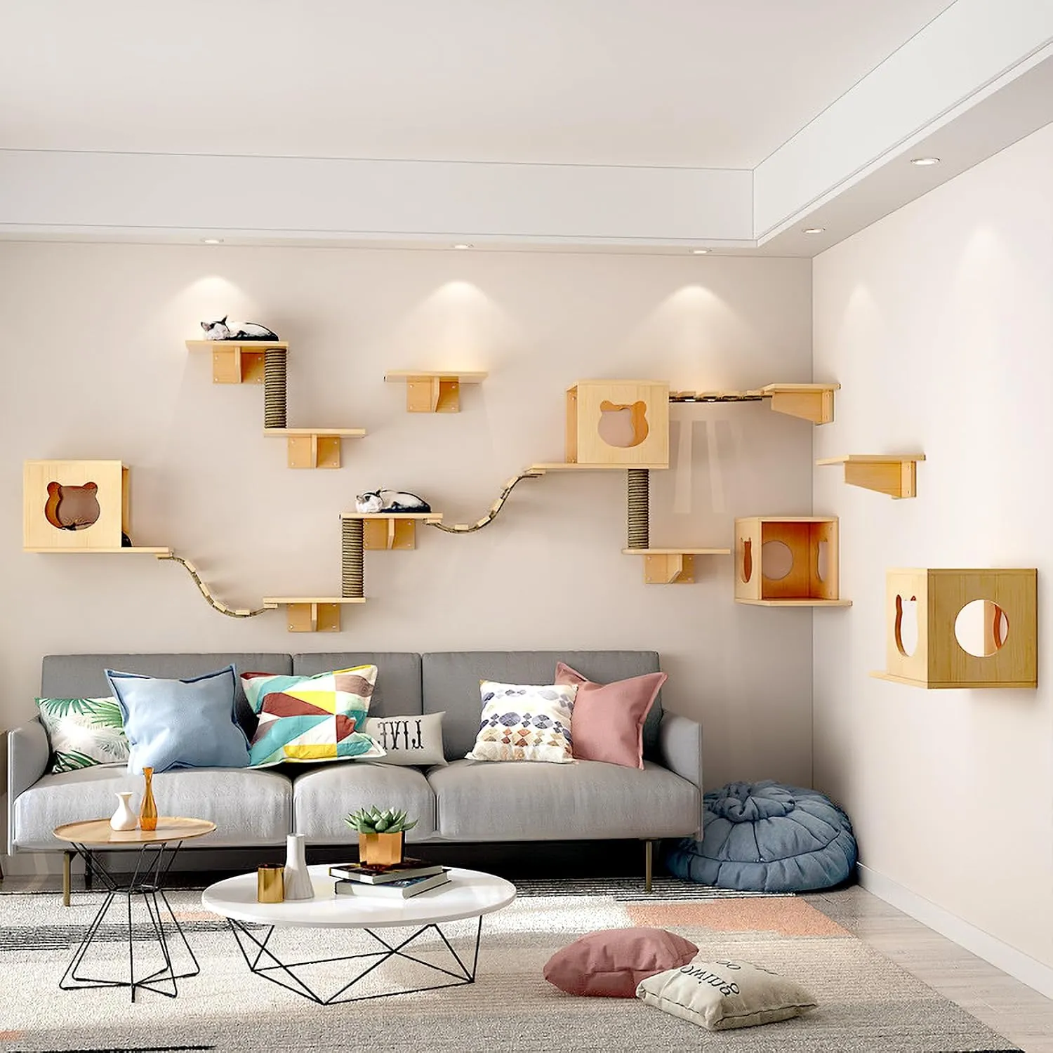CanormpetCat Wall Shelves and Perches, Solid Wood Wall Mounted Cat Furniture with 4 Cat Condos House, 8 Shelves, 2Ladder, 3 Sisal Cat Scratching Post (C)