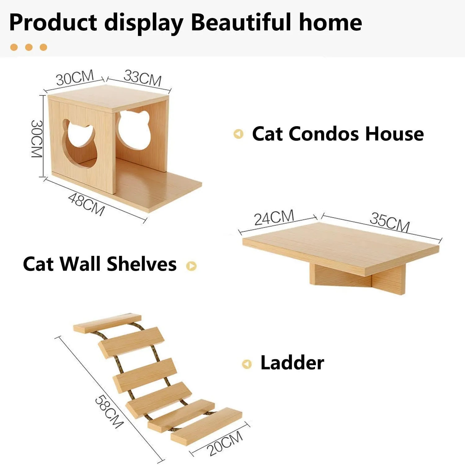 CanormpetCat Wall Shelves and Perches, Solid Wood Wall Mounted Cat Furniture with 4 Cat Condos House, 8 Shelves, 2Ladder, 3 Sisal Cat Scratching Post (C)