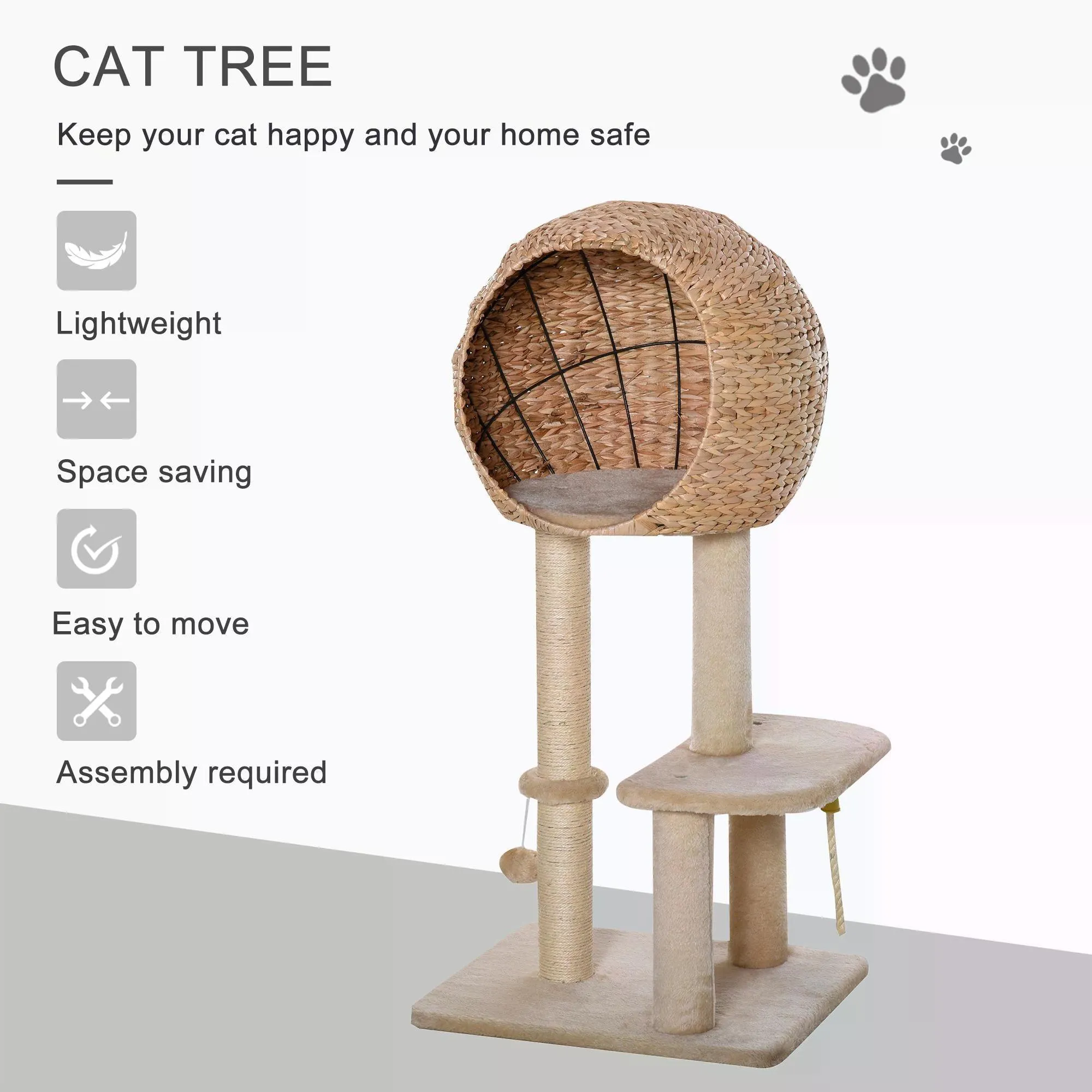 Cat Tower with Perch and Teasing Rope Toy, 100cm - Beige