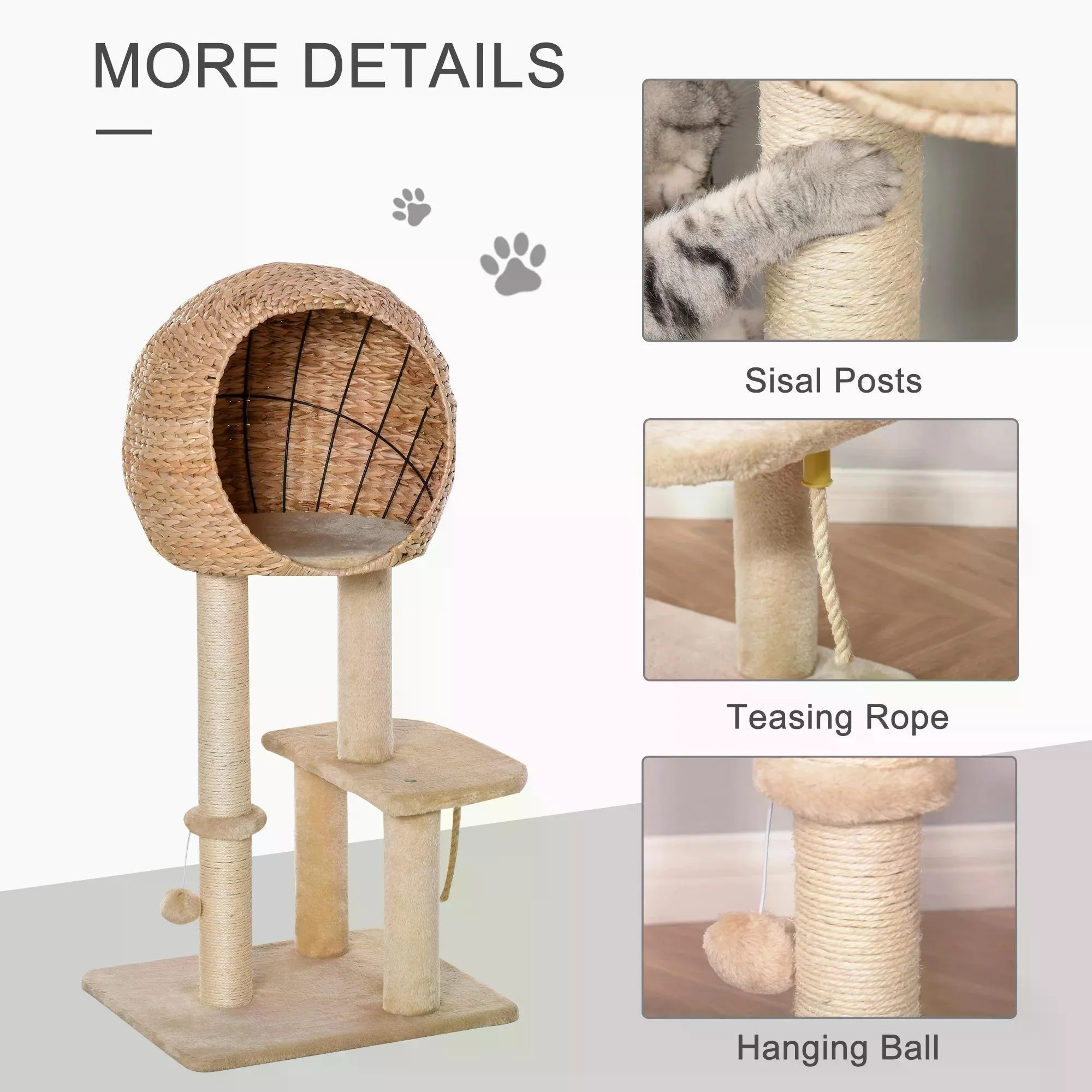 Cat Tower with Perch and Teasing Rope Toy, 100cm - Beige