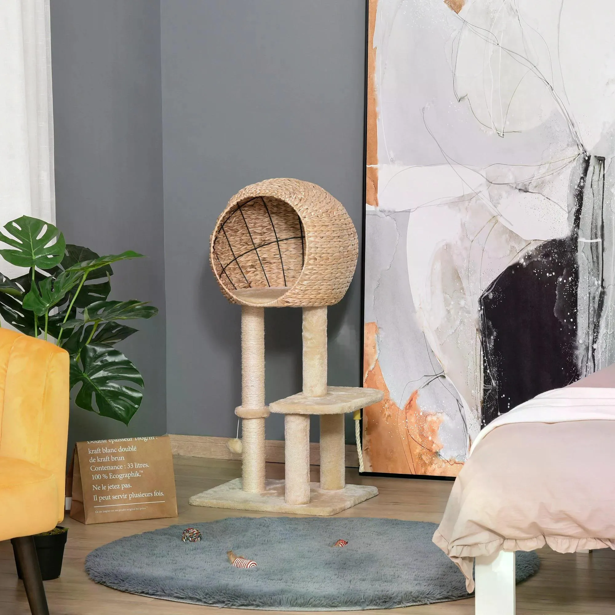 Cat Tower with Perch and Teasing Rope Toy, 100cm - Beige