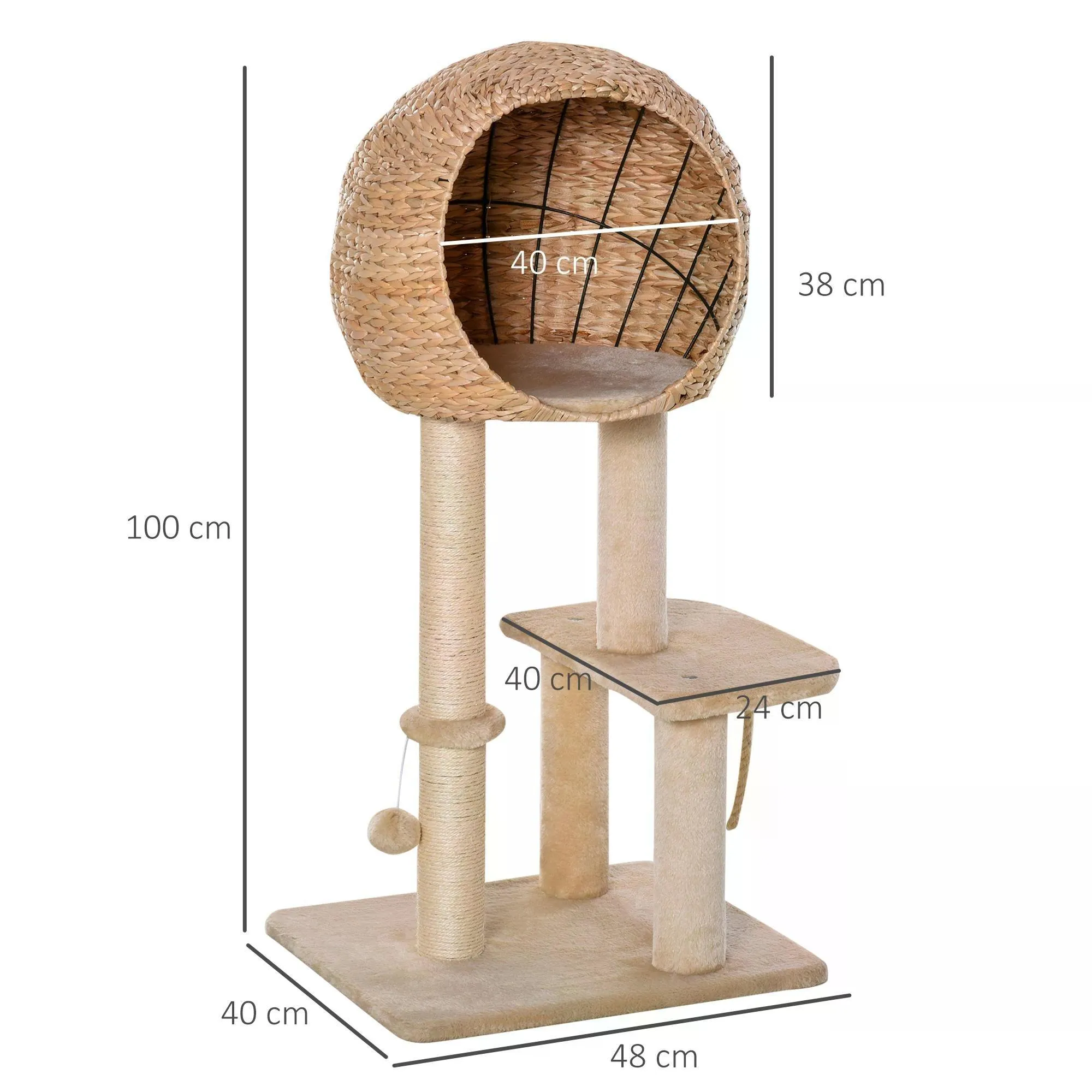 Cat Tower with Perch and Teasing Rope Toy, 100cm - Beige