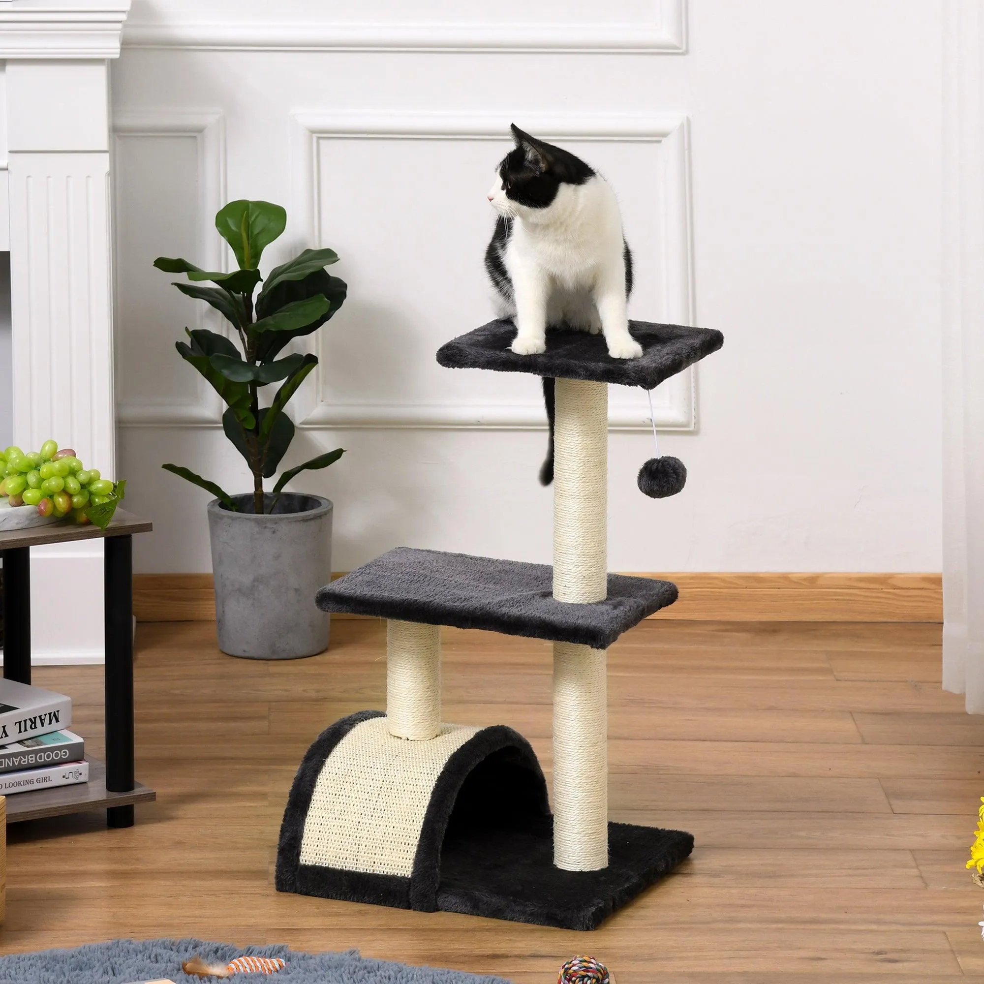 Cat Tower with Scratching Post Pad and Hanging Ball, 72cm - Black