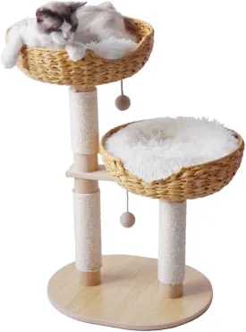 Cat Tree 32 Inches Cat Tower with Sisal Covered Scratching Real Wood Post, Handwoven PE Rattan 2 Baskets perches with Cozy Cushion, Cat Climbing, Cat Scratching Post (White Cushion)