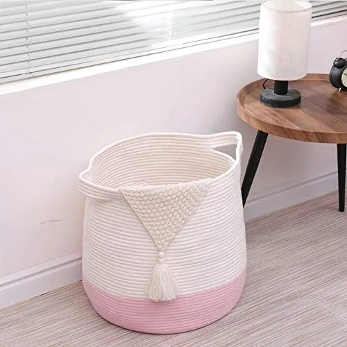 childishness ndup Large Woven Storage Basket,17.7"x16.9" Cotton Rope Basket, Laundry and Blanket Organizer Basket, Basket for Toy, Nursery Containers Basket with Handle (Pink)