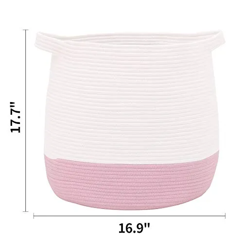 childishness ndup Large Woven Storage Basket,17.7"x16.9" Cotton Rope Basket, Laundry and Blanket Organizer Basket, Basket for Toy, Nursery Containers Basket with Handle (Pink)