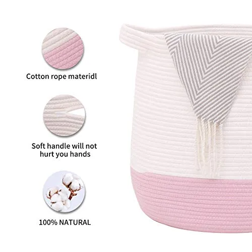 childishness ndup Large Woven Storage Basket,17.7"x16.9" Cotton Rope Basket, Laundry and Blanket Organizer Basket, Basket for Toy, Nursery Containers Basket with Handle (Pink)