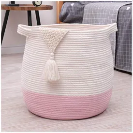 childishness ndup Large Woven Storage Basket,17.7"x16.9" Cotton Rope Basket, Laundry and Blanket Organizer Basket, Basket for Toy, Nursery Containers Basket with Handle (Pink)