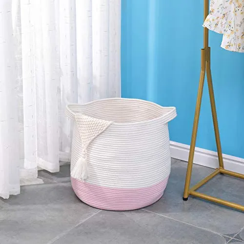 childishness ndup Large Woven Storage Basket,17.7"x16.9" Cotton Rope Basket, Laundry and Blanket Organizer Basket, Basket for Toy, Nursery Containers Basket with Handle (Pink)