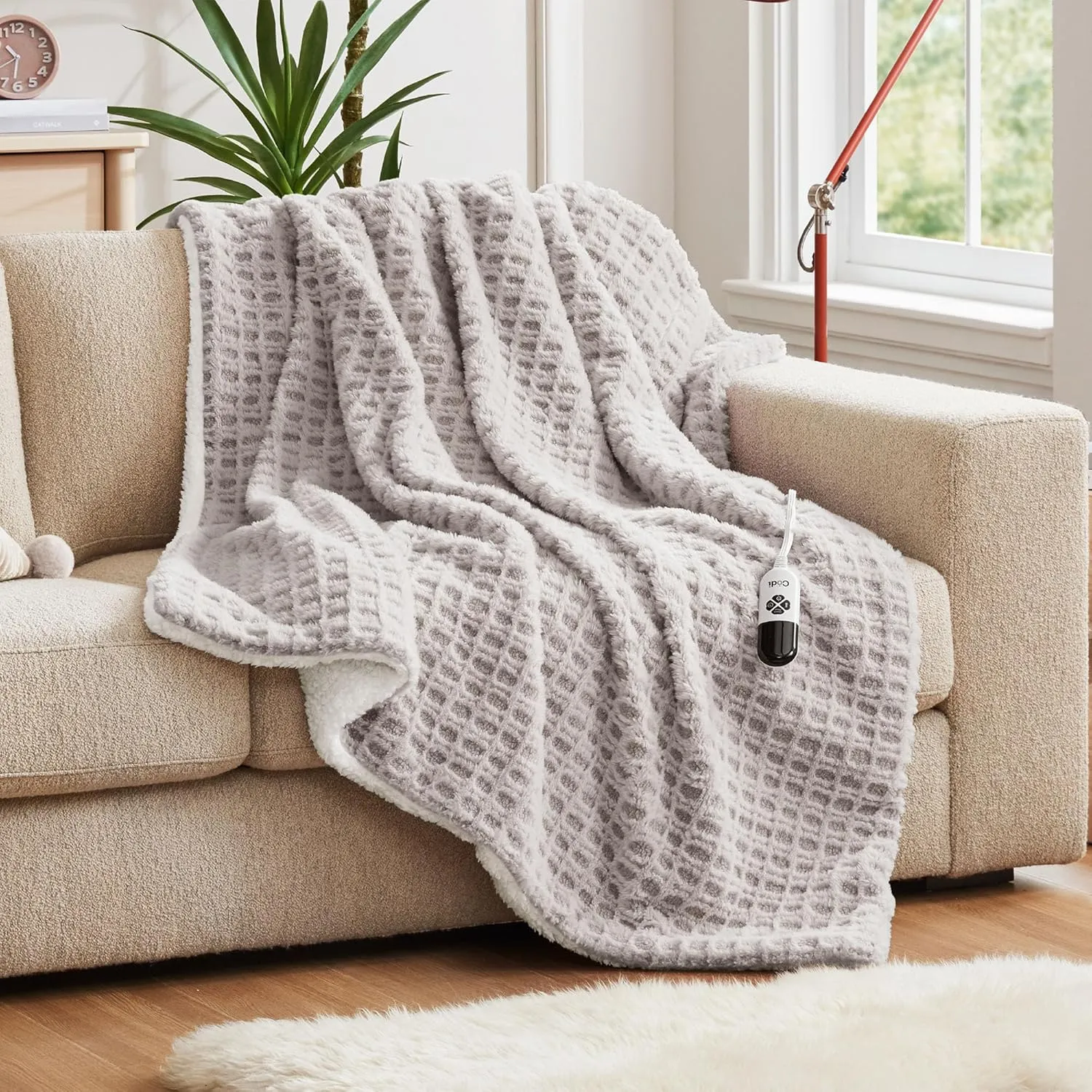 Codi Faux Fur Heated Throw Blanket, Grey Luxury Soft Heating Blankets with Fuzzy Sherpa Back, Electric Throws for Couch and Sofa as A Great Gift, 6 Heat Setting with 2H Auto Shut Off, 50"x60"