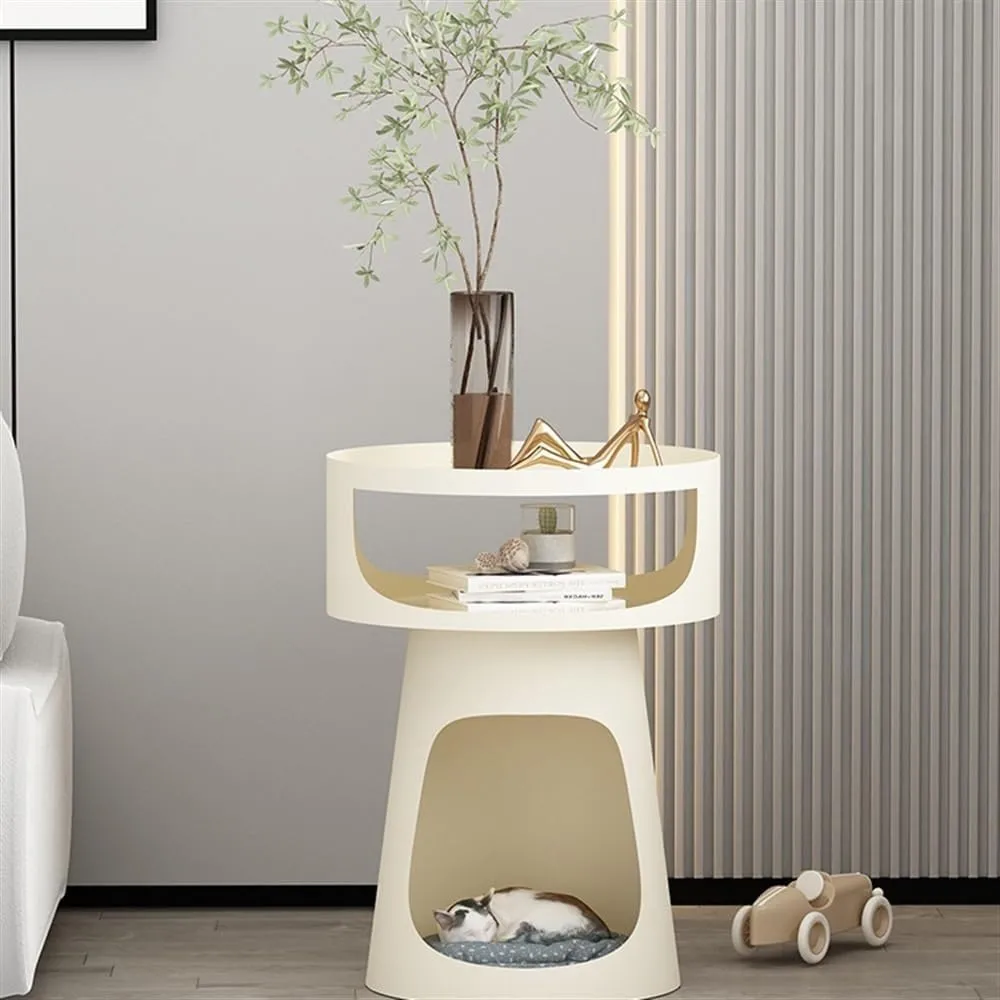 Coffee Table Creative Metal Round Side Table Double-Layer Coffee Table, Balcony Sofa Table, Bedroom Nightstand, Pet Bed for Cats Bristro Table(White)
