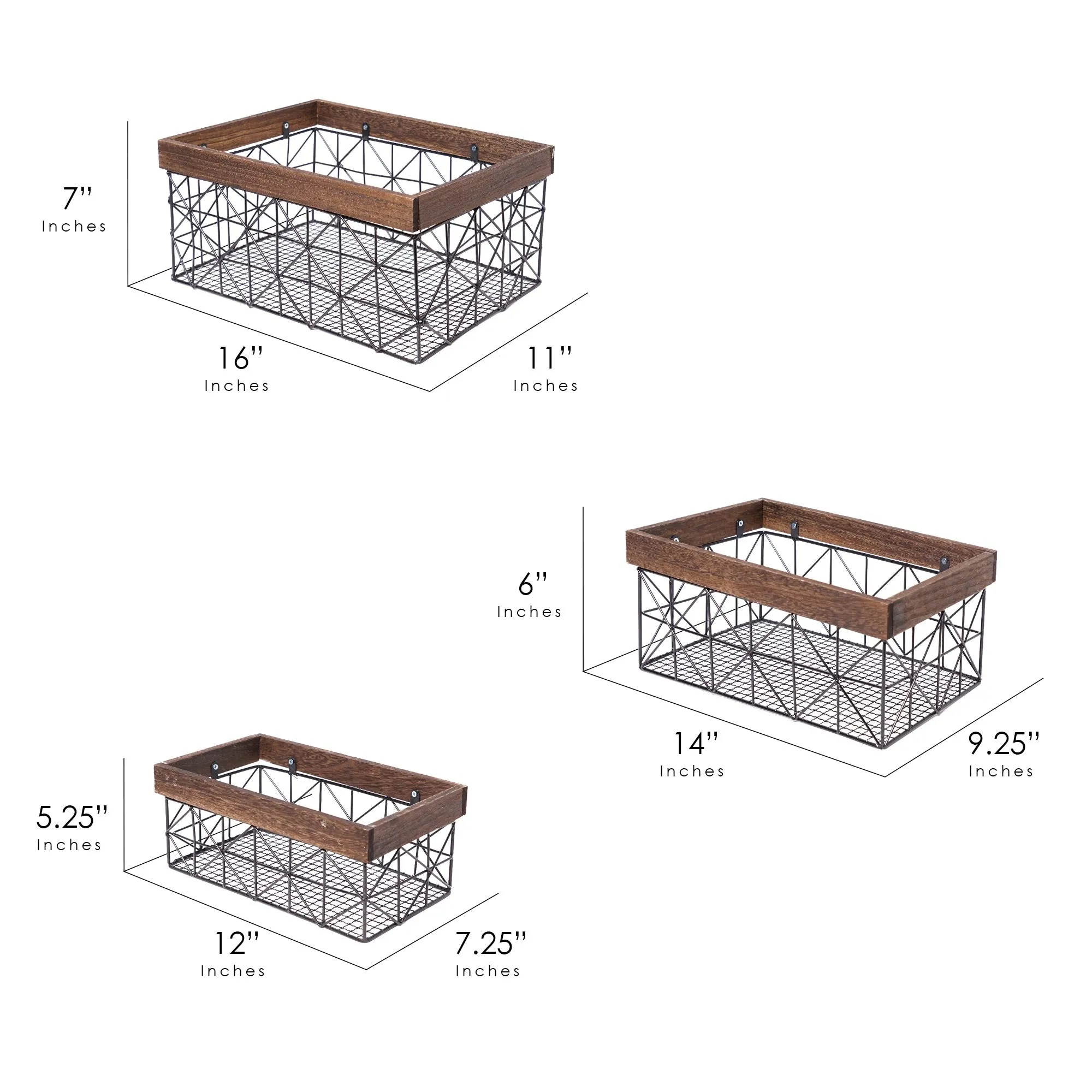 Contemporary Black and Walnut Metal and Wood Storage Basket Set of 3