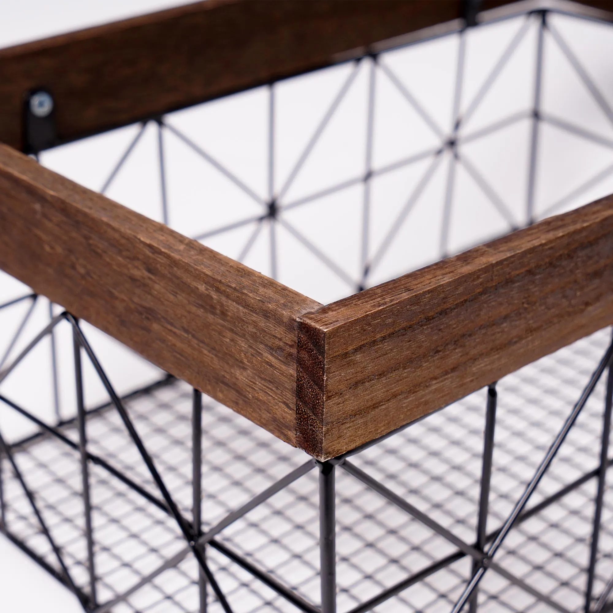 Contemporary Black and Walnut Metal and Wood Storage Basket Set of 3