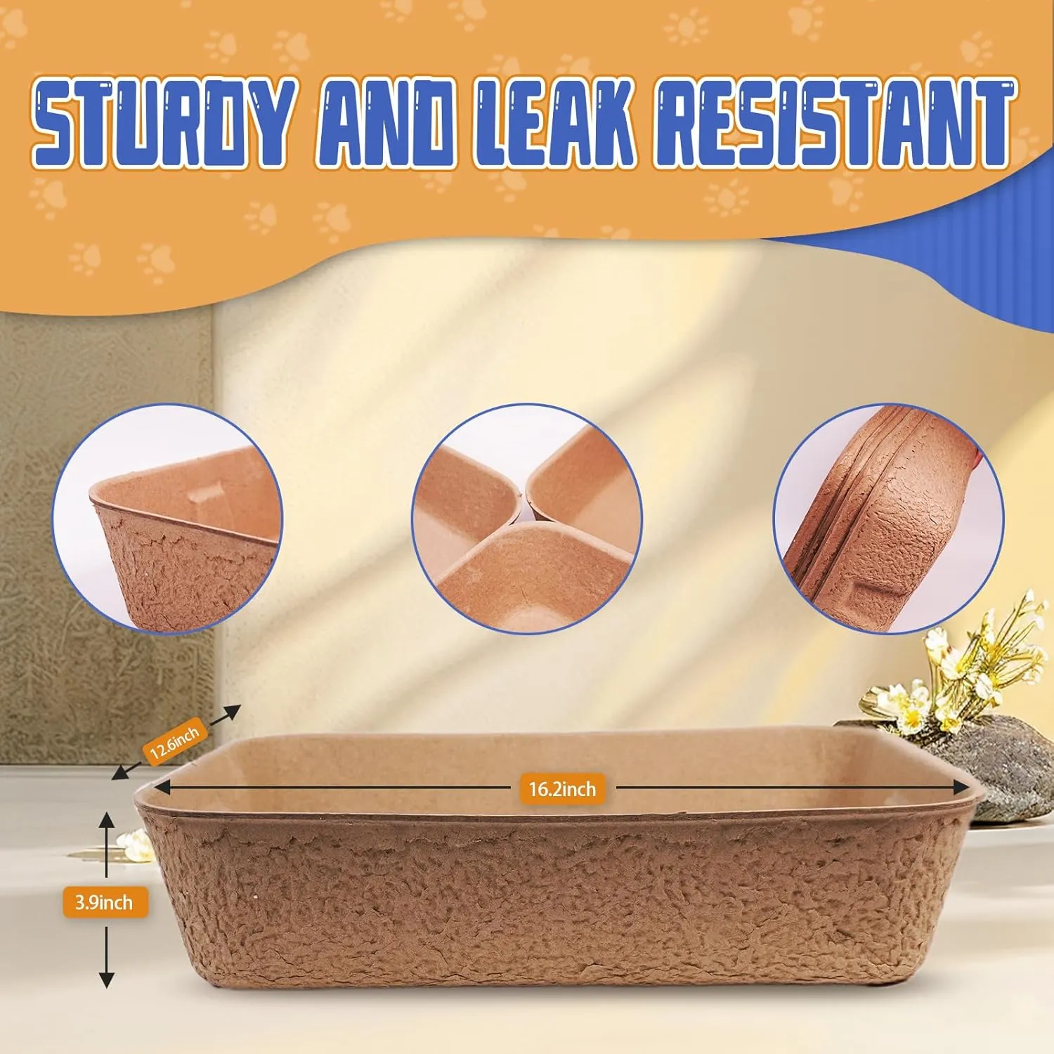 Disposable Cat Litter Box, Sturdy and Durable, Extra Thick, Large Size - 16.2"x12.6"x3.9", Leak Resistant and Sustainable, Disposable Litter Boxes for Cats (Brown, 6-Pack)