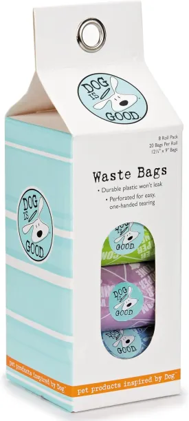 Dog is Good Potty Talk Waste Bags, 8-Pack - Durable Leakproof Plastic Poop Bags - Assorted Bright Colors, Cute Phrases