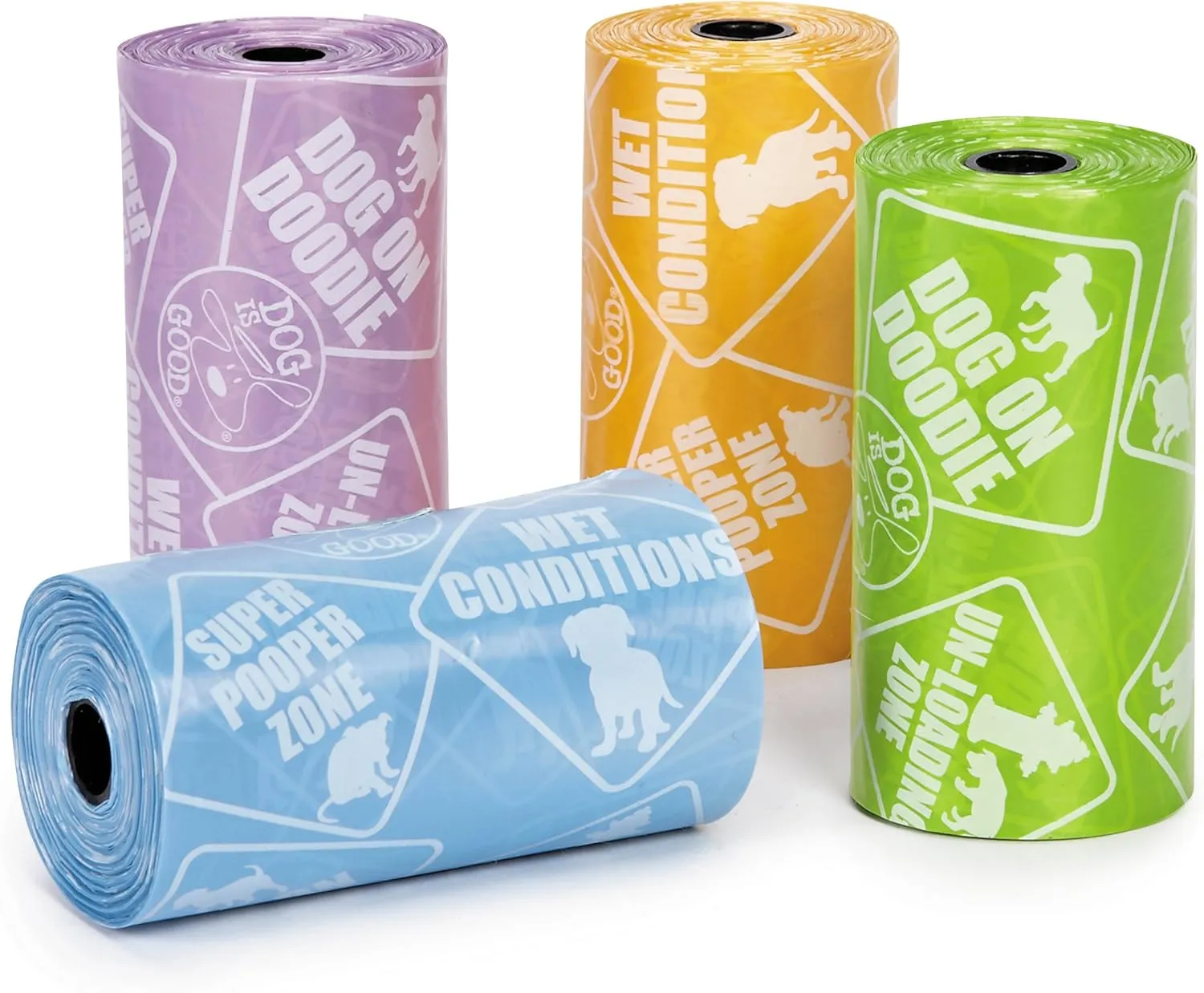 Dog is Good Potty Talk Waste Bags, 8-Pack - Durable Leakproof Plastic Poop Bags - Assorted Bright Colors, Cute Phrases