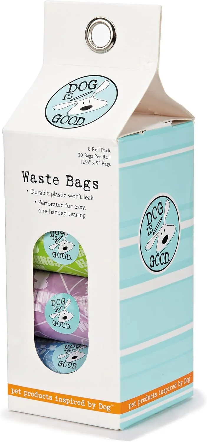 Dog is Good Potty Talk Waste Bags, 8-Pack - Durable Leakproof Plastic Poop Bags - Assorted Bright Colors, Cute Phrases