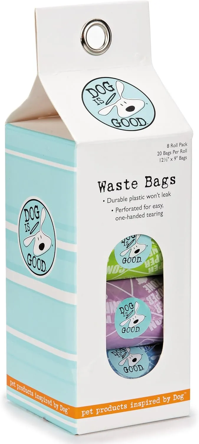 Dog is Good Potty Talk Waste Bags, 8-Pack - Durable Leakproof Plastic Poop Bags - Assorted Bright Colors, Cute Phrases