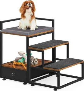 Dog Window Perch, Elevated Pet Bed with Stairs and Storage Drawer, Non-Slip Dog Stairs for Small Dogs, Cat Dog Window Seat Pet Stairs for Bed and Couch, Rustic Brown