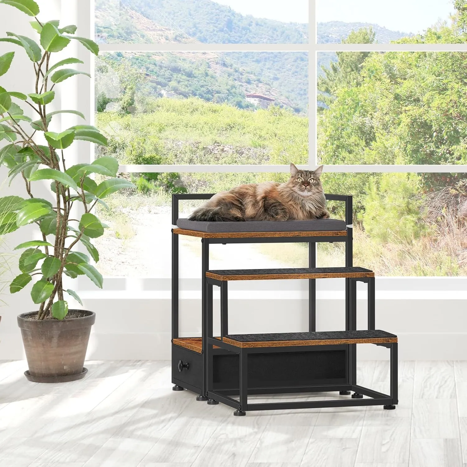 Dog Window Perch, Elevated Pet Bed with Stairs and Storage Drawer, Non-Slip Dog Stairs for Small Dogs, Cat Dog Window Seat Pet Stairs for Bed and Couch, Rustic Brown