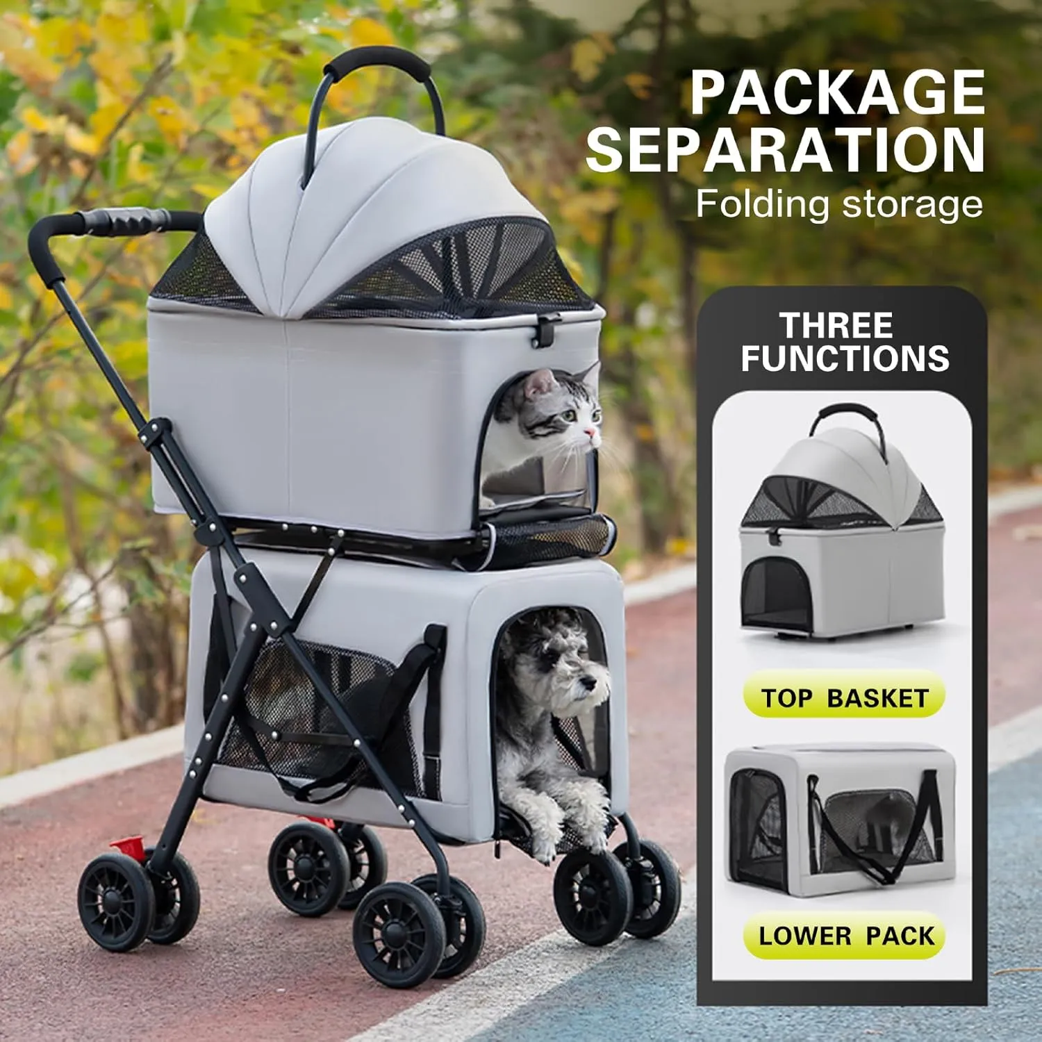 Double Dog Stroller with Rain Cover Detachable Pet Carriers Bag 4 Wheels Lightweight Waterproof Folding Crate Dog Jogging Stroller for Medium Small Dogs Cats (Grey)