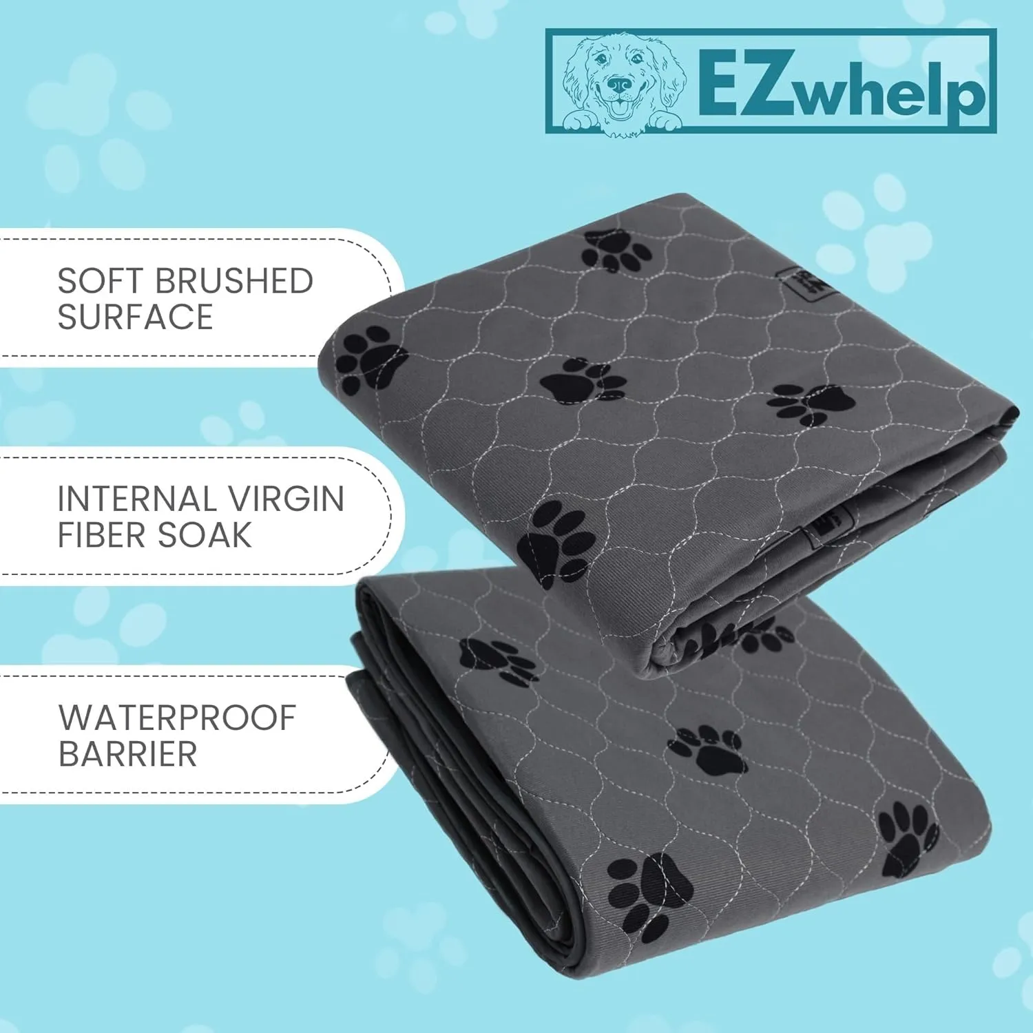 EZwhelp Reusable Quick Dry Pet Pee Pads - Waterproof, Washable for Large Dogs & Cats - Non-Slip Training Pads, Fast Absorbent - 50" x 50" Pack of 2