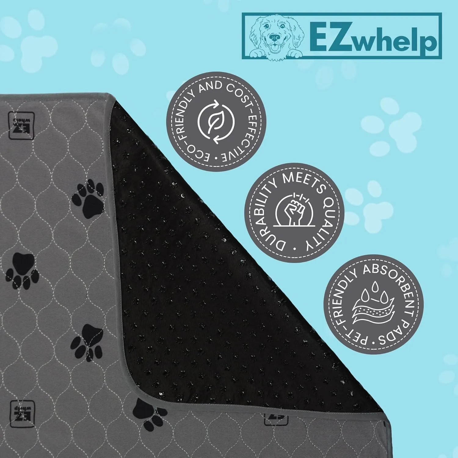 EZwhelp Reusable Quick Dry Pet Pee Pads - Waterproof, Washable for Large Dogs & Cats - Non-Slip Training Pads, Fast Absorbent - 50" x 50" Pack of 2