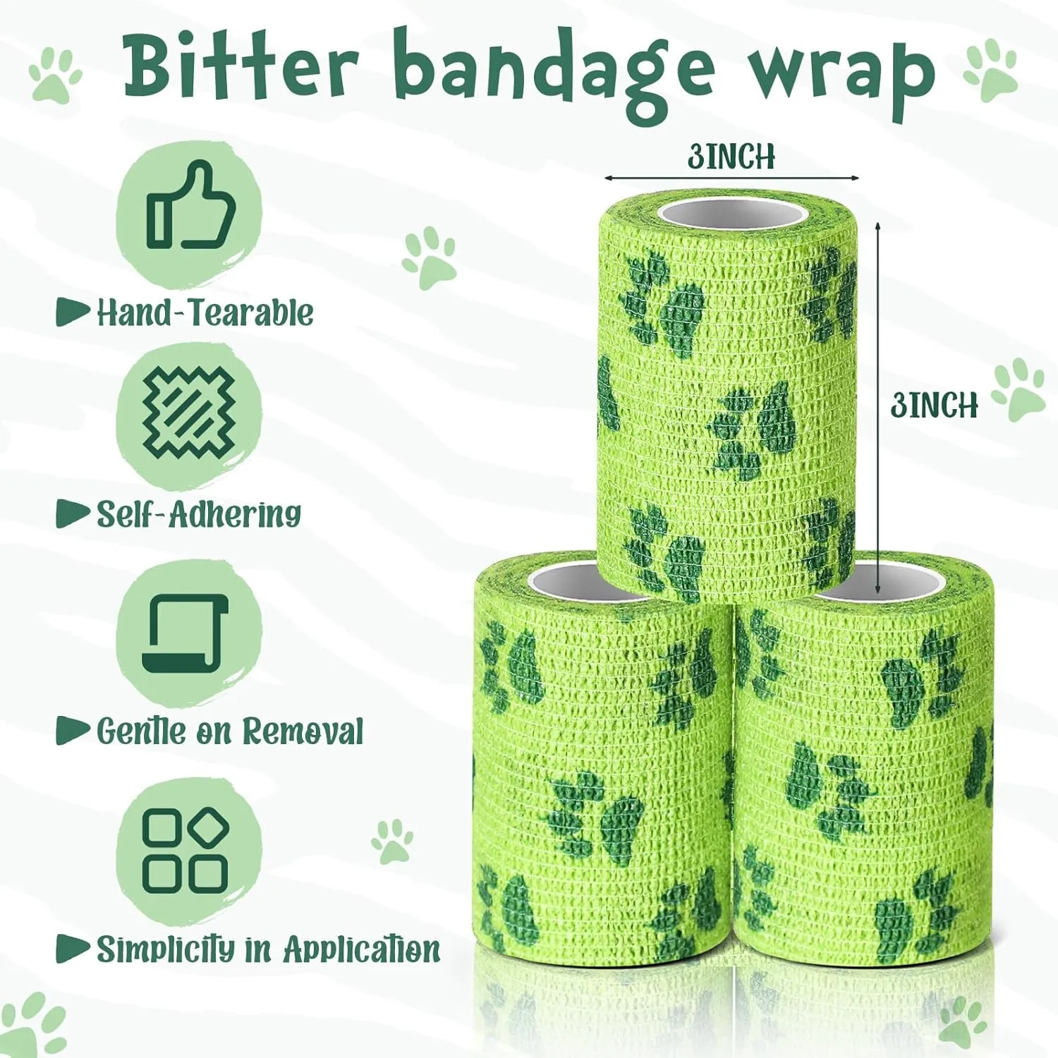 Geiserailie 6 Rolls No Chew Bandage for Dogs Self Adhesive Non-Woven Bitter Bandage Wrap for Dogs' Legs Paws Wounds Cats Animal, Green(3 Inches X 5 yd)