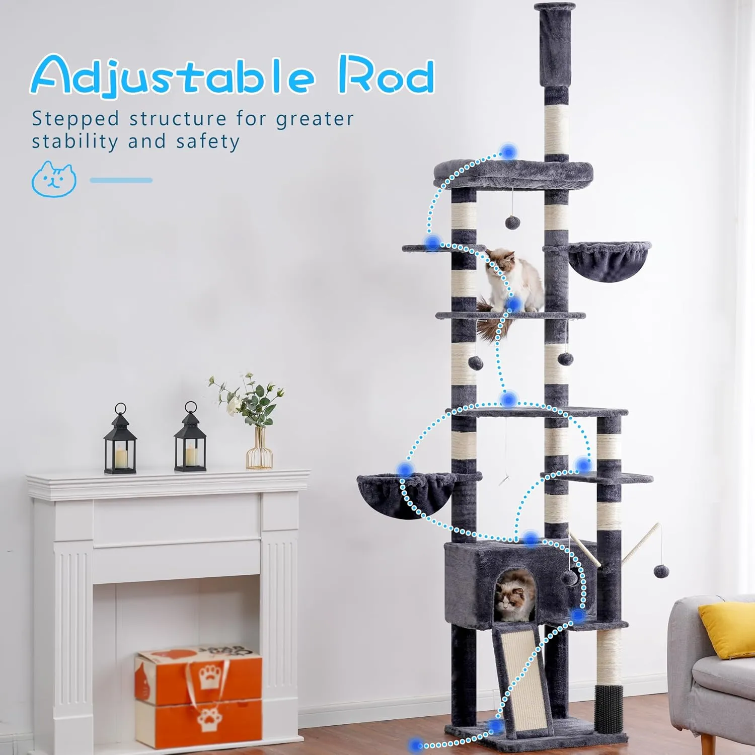 Hey-brother Cat Tree, 98.4-110.2 Inches Floor to Ceiling Cat Tree-Adjustable Height, Tall Cat Climbing Tower for Cats Large Adult with Scratching Post, Cat cando, Smoky Gray 0MPJ091G