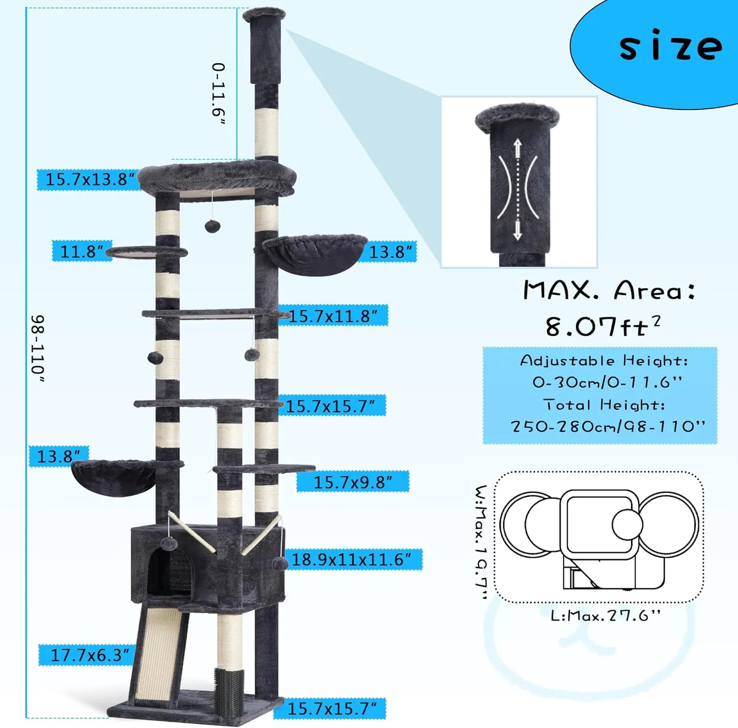 Hey-brother Cat Tree, 98.4-110.2 Inches Floor to Ceiling Cat Tree-Adjustable Height, Tall Cat Climbing Tower for Cats Large Adult with Scratching Post, Cat cando, Smoky Gray 0MPJ091G